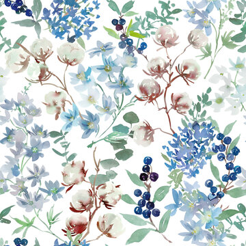Watercolor Winter Botanical Seamless Pattern with Abstract Hand-Painted Cotton Flowers, Berries, Delphiniums, Wildflowers and Leaves for Fabric, Stationery, Wedding Invitations and Seasonal Design