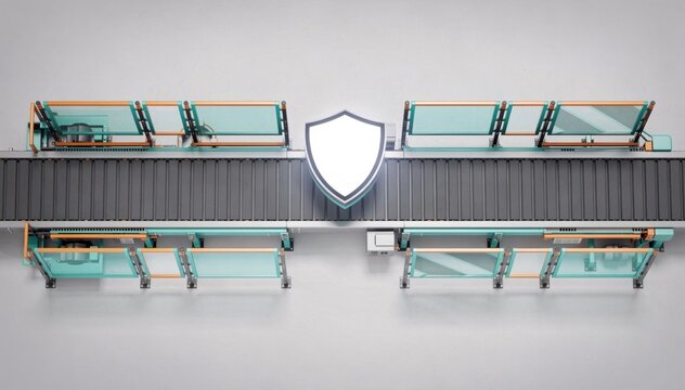 Focused view of a topdown conveyor safety inspection layout featuring a shield icon and detailed guard panels set against a clean light gray backdrop with vibrant teal and orange