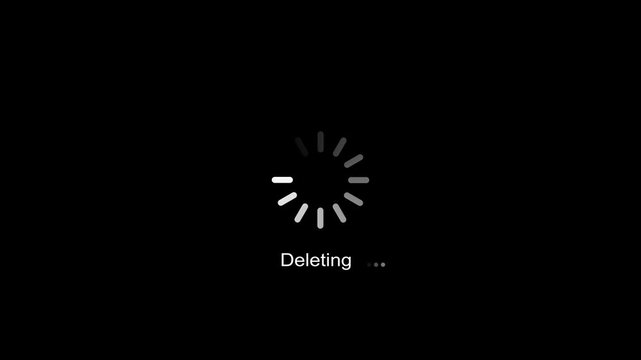 Animated deleting progress bar featuring a rotating circular spinner loading on a clean minimalist black background, for software interface, ui ux and, digital data management systems