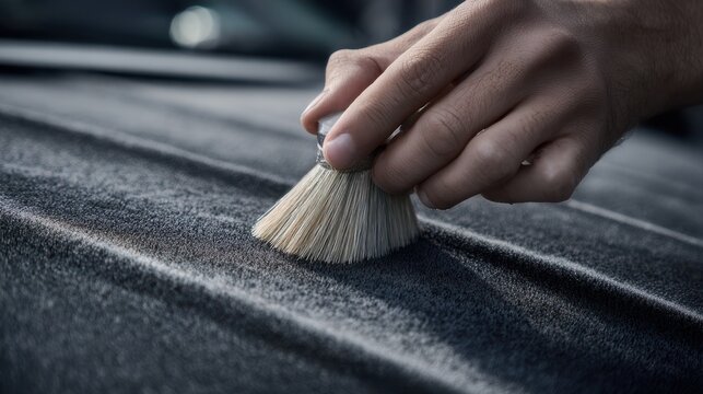 Medium shot of detailed deep cleaning using a soft brush on a dusty dark gray fabric convertible roof to restore its original texture and color.