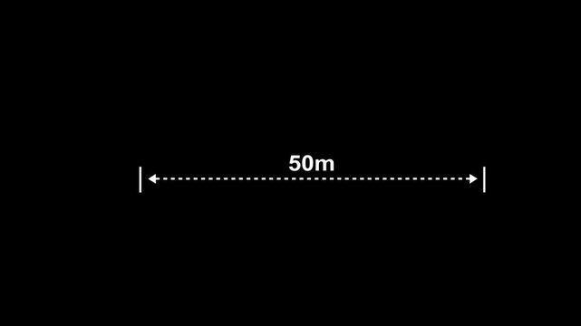 50 meter distance measurement overlay featuring animated white dotted line and arrows on a clean black background, for technical engineering, architectural planning, and, educational projects