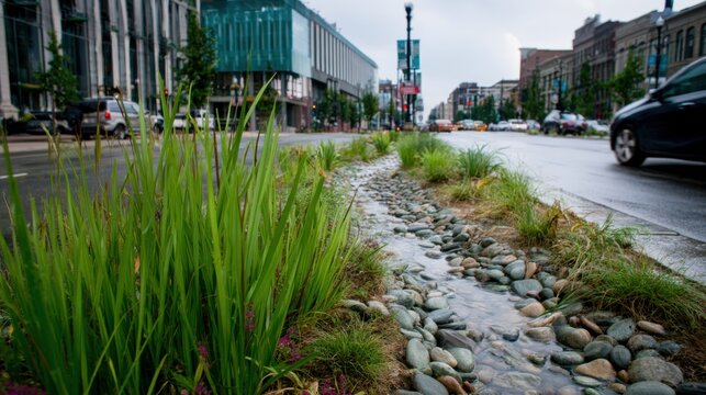 Medium shot of a bioswale integrated into a busy urban street demonstrating ecofriendly stormwater control and pollution reduction.