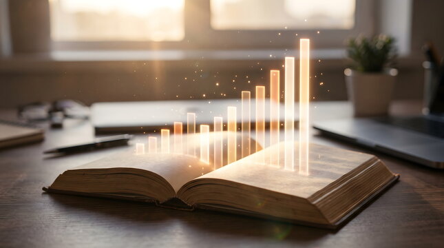 Open Book On Desk With Glowing Rising Bar Chart Hologram In Sunlit Office Interior, New Year 2027 Business Growth Goals And Strategic Planning Concept