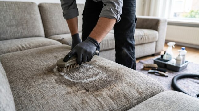 Professional cleaner scrubs a stained fabric couch with specialized brushes to restore upholstery.