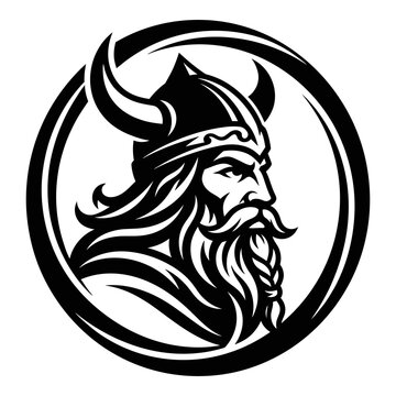 Viking warrior with horned helmet and braided beard in circular emblem logo
