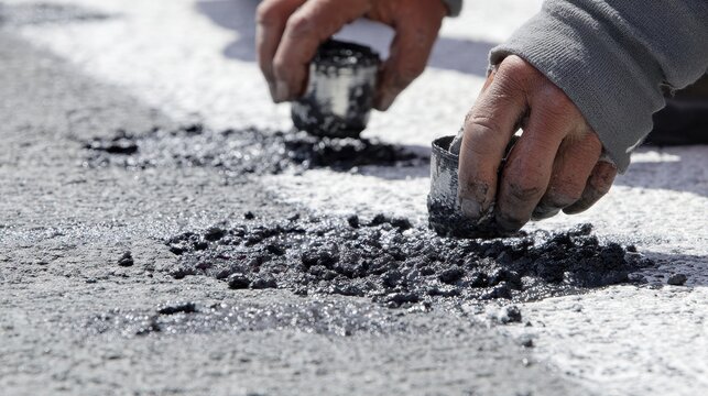 Maintenance workers filling potholes with rubberized compound on an athletic running track surface.