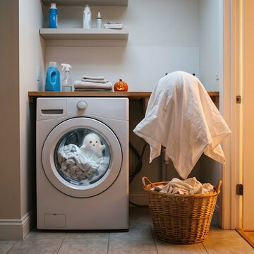 Cute Ghost Inside Washing Machine and Flying Sheet Ghost in Laundry Room for Halloween Concept
