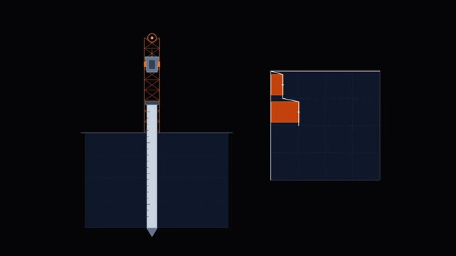 Technical diagram showing structural engineering blueprints against a dark background