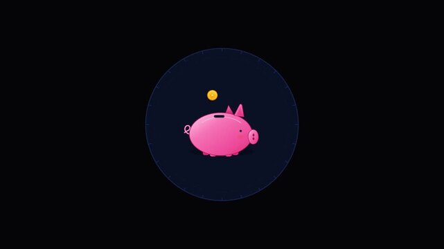 Cute pink piggy bank with gold coin saving money concept on dark background