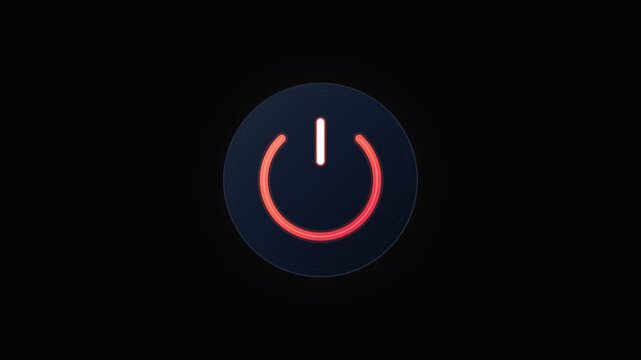 Glowing red power button symbol on dark background representing technology and energy