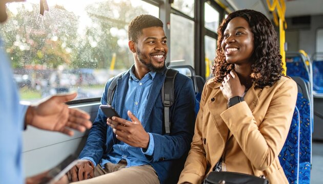 Smiling young Black man and woman passengers talking on a public bus, man using smartphone during daily commute.