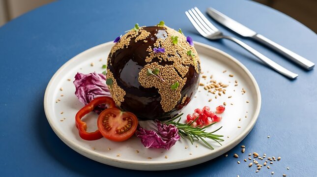 Gourmet chocolate sphere dessert plating with tomato garnish, creative fine dining concept dish on blue table setting