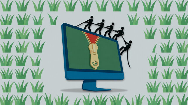 Team of people pulling a zipper on a computer screen