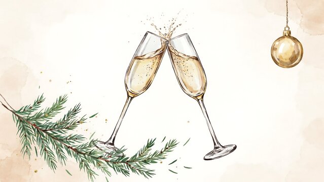 Two crystal champagne glasses clinking together with sparkling bubbles, a pine branch, and a golden bauble on a light background