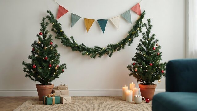 Two small potted christmas trees decorated with ornaments and lights next to gift boxes and candles in a living room
