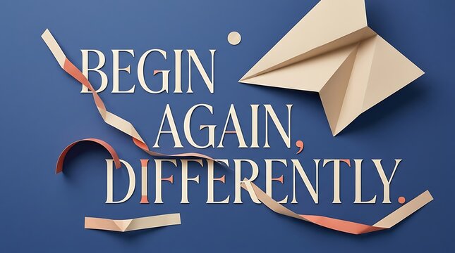 Begin again differently text with paper plane and ribbons on blue background for motivational business or personal growth concepts