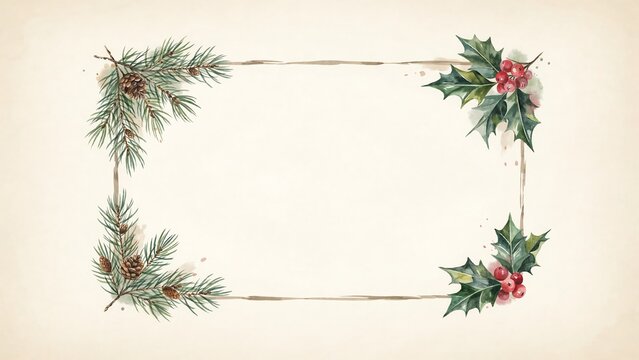 Watercolor christmas rectangular frame with pine branches, pinecones, and holly berries on a vintage paper background