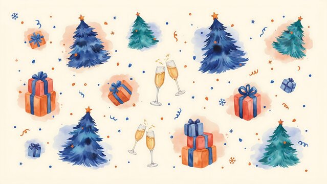 Watercolor christmas with blue trees, gift boxes, and champagne glasses on a light cream background, for seasonal cards