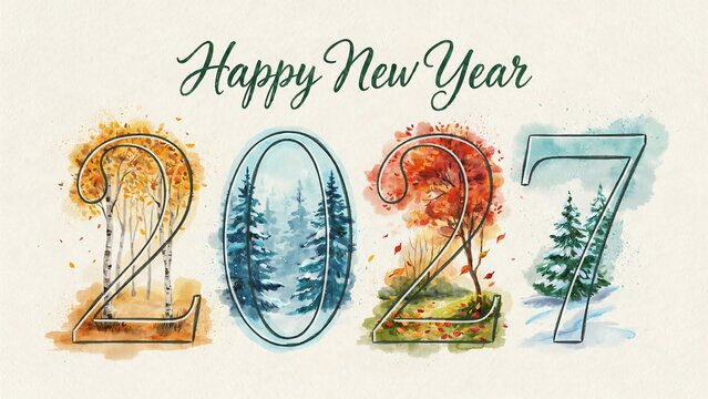 Watercolor happy new year 2027 greeting card with seasonal forest landscapes inside the numbers on a textured light background