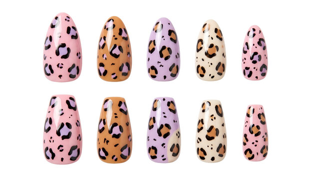 Set of Leopard Print Press On False Nails in Various Shapes and Pastel Colors