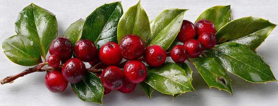 Flat lay of holly leaves and red berries on a white background