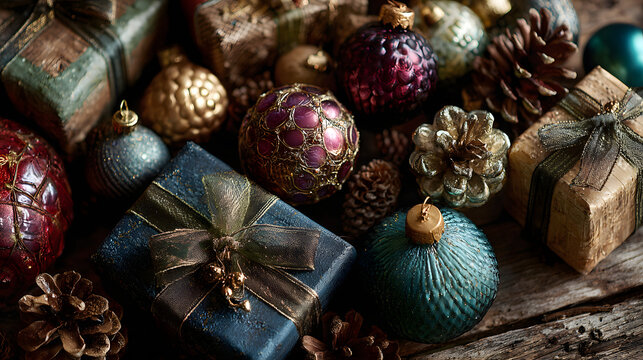 Christmas festive flat lay scene showing ornaments pine cones and wrapped gifts top view