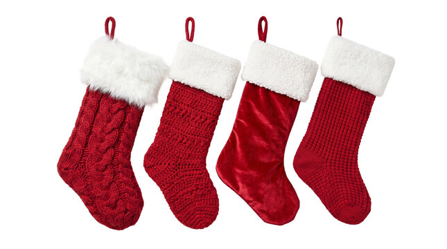 Set of Four Red Knitted Christmas Stockings with White Faux Fur Cuff