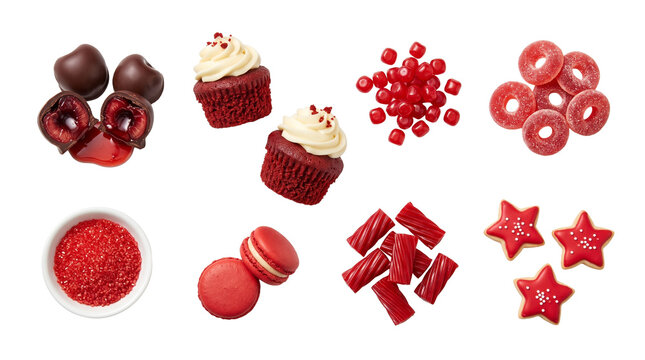 Set of Red Festive Sweets and Treats Including Cupcakes Macarons Cookies Candies and Chocolates