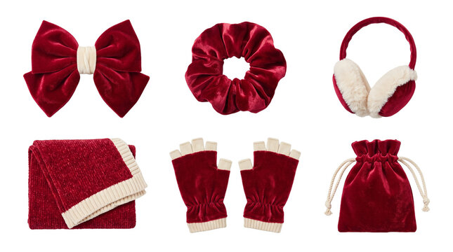Set of Red Velvet Winter Holiday Accessories Including Bow Scrunchie Earmuffs Scarf Gloves and Pouch