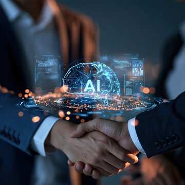Two businesspeople shake hands beneath a glowing blue AI brain hologram floating above a digital dashboard.