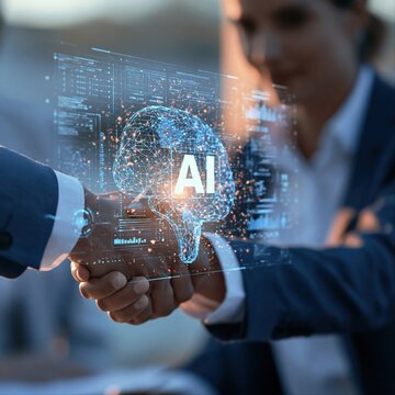 Two hands shake beneath a glowing AI brain hologram and code panels while a blurred businesswoman looks on.