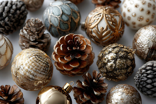 Decorative Christmas flat lay with pine cones and ornaments styled neatly on a white background