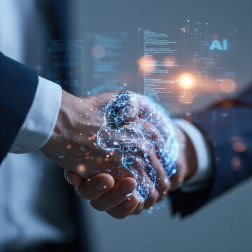 A brain shaped hologram glows over two clasped hands during a handshake with screens of code floating behind.