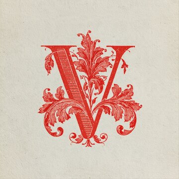An ornate red letter V decorated with curling acanthus leaves is printed on textured cream paper.
