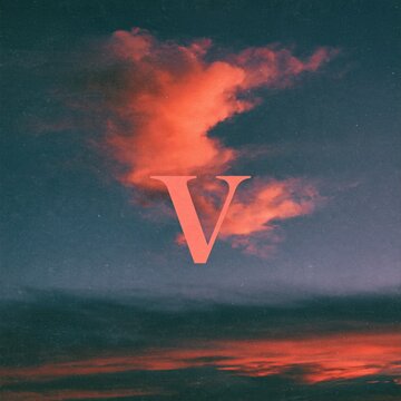 A pale coral serif letter V floats over a glowing pink cloud against a dusky teal evening sky.