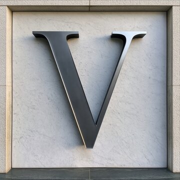A sleek black metal letter V with beveled edges is mounted on a pale marble wall beneath a stone frame.