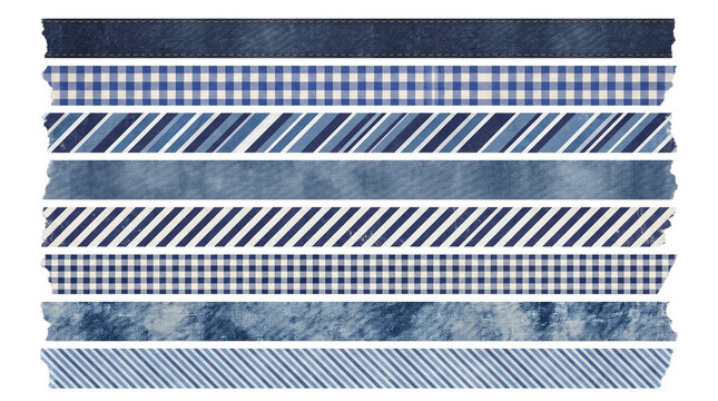 Set of Blue Denim and Patterned Washi Tape Strips for Scrapbooking