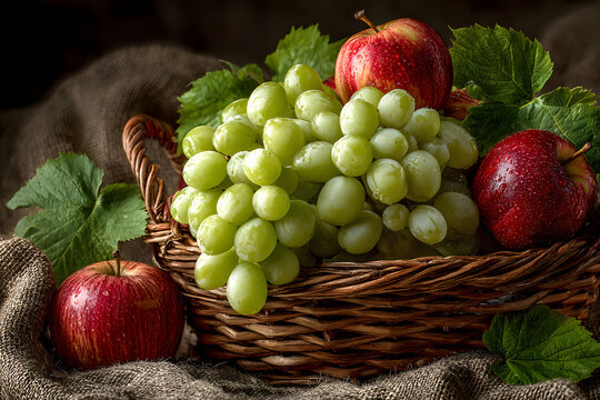 Flat Lay Composition Wicker Basket Grapes Apples Green Leaves Brown Fabric