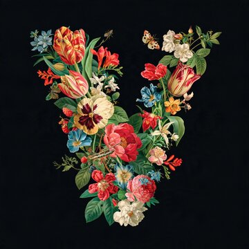 A striking letter V assembled from colorful tulips, roses and pansies on a deep black background