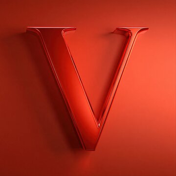 A glossy red three-dimensional letter V with metallic highlights against a vivid red gradient wall