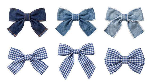 Set of Blue Denim and Gingham Checkered Fabric Ribbon Bows
