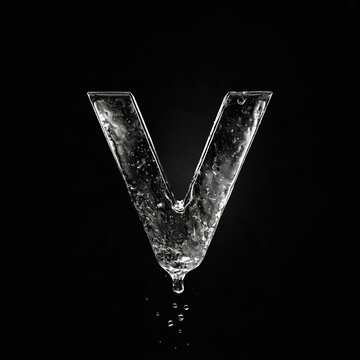 A transparent liquid letter V with water droplets dripping from its tip against a black background