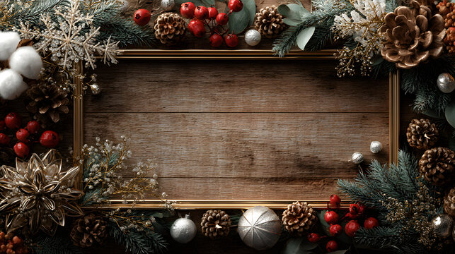 Seasonal flat lay showcasing a framed Christmas design with winter-themed decorations on wooden background