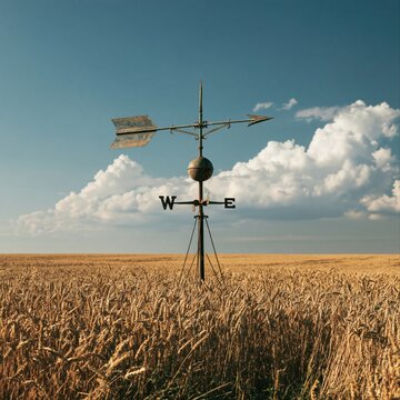 A rustic weathervane with a W and E compass marking stands in a golden wheat field under a blue sky