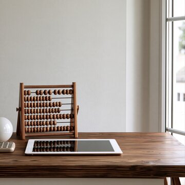 A wooden abacus stands beside a white tablet on a warm wooden desk near a bright window in a soft room.