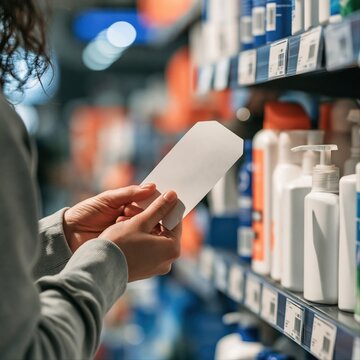 Hands hold a blank white price tag beside shelves of skincare bottles in a bright, blurred store aisle.