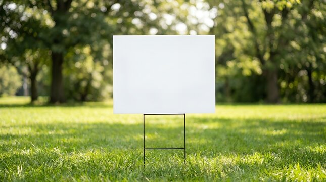 Blank white signboard with metal frame stands on a green lawn
