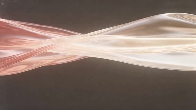 Smooth rose gold and champagne liquid ribbons gently flow and wave against a dark neutral background