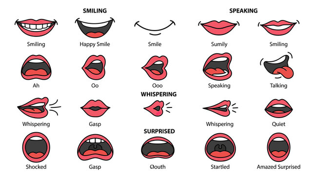 Lips Expressions Set: Smiling, Speaking, Whispering, Gasping, Shocked