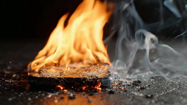Smartphone on fire: burning mobile device with smoke and embers, concept of tech failure, overheating battery, or cyber security threat
